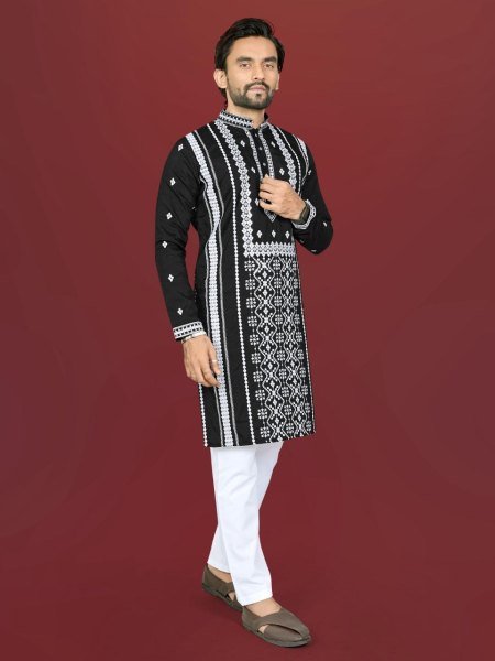 Innovative Black Men Soft Silk Embroidered Kurta with Pajama for Wedding Wear Kurta Pajama Wholesale