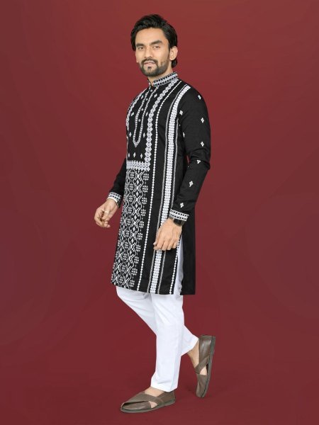 Innovative Black Men Soft Silk Embroidered Kurta with Pajama for Wedding Wear Kurta Pajama Wholesale