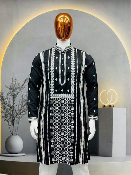 Innovative Black Men Soft Silk Embroidered Kurta with Pajama for Wedding Wear Kurta Pajama Wholesale