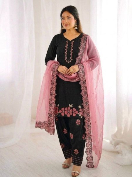 Innovative Black Salwar Kameez Suit With Pink Embroidery And Matching Dupatta Ready To Wear Suit