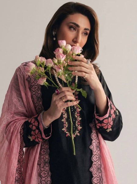 Innovative Black Salwar Kameez Suit With Pink Embroidery And Matching Dupatta Ready To Wear Collection