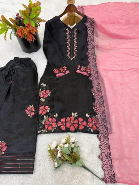 Innovative Black Salwar Kameez Suit With Pink Embroidery And Matching Dupatta Ready To Wear Collection