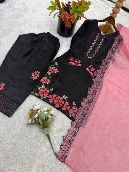 Innovative Black Salwar Kameez Suit With Pink Embroidery And Matching Dupatta Ready To Wear Collection