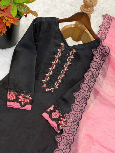 Innovative Black Salwar Kameez Suit With Pink Embroidery And Matching Dupatta Ready To Wear Collection