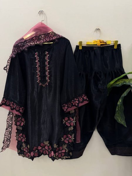 Innovative Black Salwar Kameez Suit With Pink Embroidery And Matching Dupatta Ready To Wear Collection