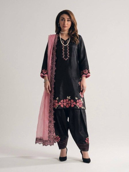 Innovative Black Salwar Kameez Suit With Pink Embroidery And Matching Dupatta Ready To Wear Collection