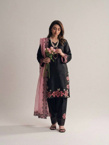 Innovative Black Salwar Kameez Suit With Pink Embroidery And Matching Dupatta Ready To Wear Collection