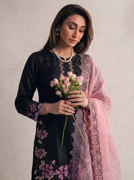 Innovative Black Salwar Kameez Suit With Pink Embroidery And Matching Dupatta Ready To Wear Collection