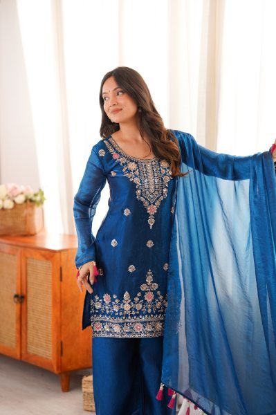 Innovative Blue Designer Suit with Thread Work Dupatta for Traditional Celebrations Ready To Wear Collection