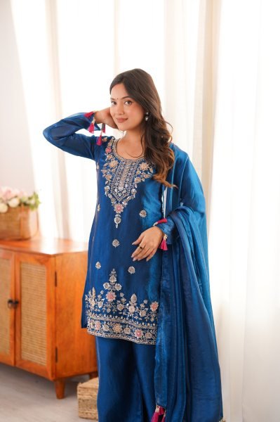Innovative Blue Designer Suit with Thread Work Dupatta for Traditional Celebrations Ready To Wear Collection