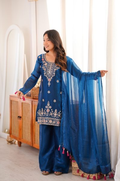 Innovative Blue Designer Suit with Thread Work Dupatta for Traditional Celebrations Ready To Wear Collection