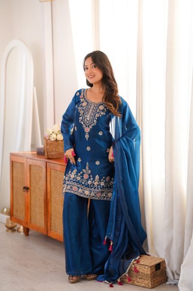 Innovative Blue Designer Suit with Thread Work Dupatta for Traditional Celebrations Ready To Wear Collection