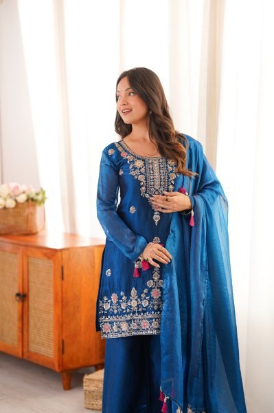 Innovative Blue Designer Suit with Thread Work Dupatta for Traditional Celebrations Ready To Wear Collection