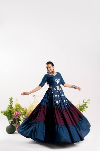 Innovative Blue Pure Rayon Cotton Lehenga with 3 Layer Frill and Designer Blouse Navratri Lehnega Choli