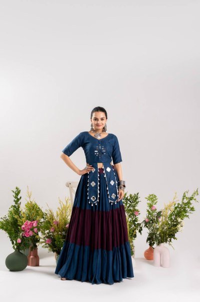 Innovative Blue Pure Rayon Cotton Lehenga with 3 Layer Frill and Designer Blouse Navratri Lehnega Choli