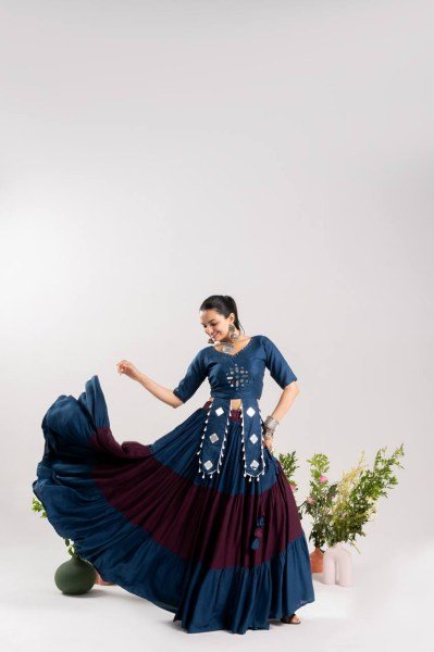 Innovative Blue Pure Rayon Cotton Lehenga with 3 Layer Frill and Designer Blouse Navratri Lehnega Choli