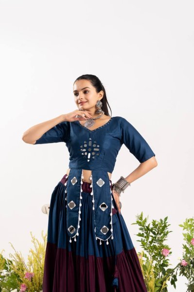 Innovative Blue Pure Rayon Cotton Lehenga with 3 Layer Frill and Designer Blouse Navratri Lehnega Choli