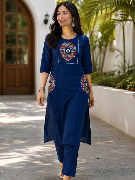 Innovative Blue Women's Slub Cotton Kurti with Straight Palazzo Pants For Daily Wear 