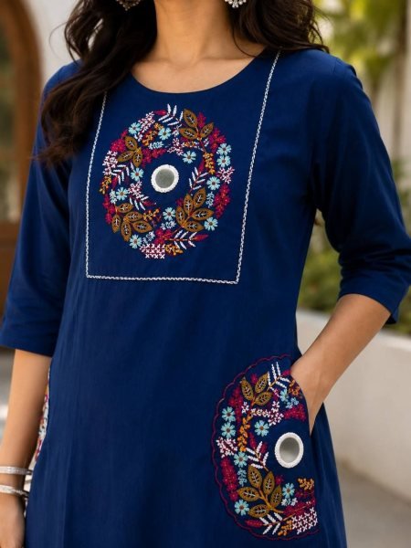 Innovative Blue Women's Slub Cotton Kurti with Straight Palazzo Pants For Daily Wear Cotton Kurtis Wholesale