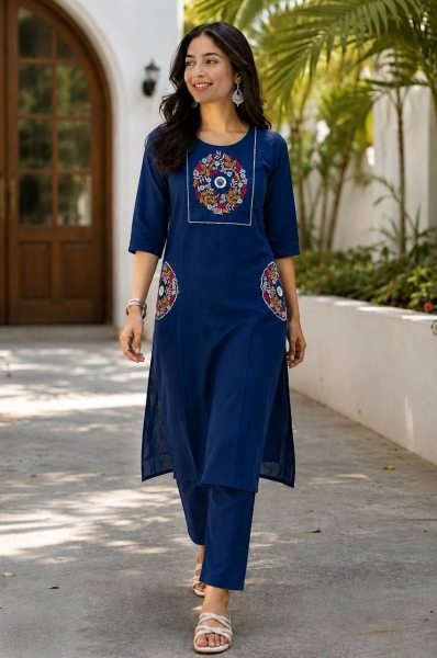 Innovative Blue Women's Slub Cotton Kurti with Straight Palazzo Pants For Daily Wear Cotton Kurtis Wholesale