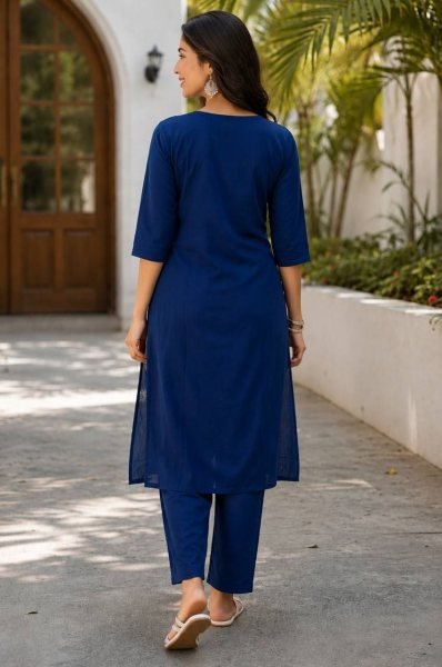 Innovative Blue Women's Slub Cotton Kurti with Straight Palazzo Pants For Daily Wear Cotton Kurtis Wholesale