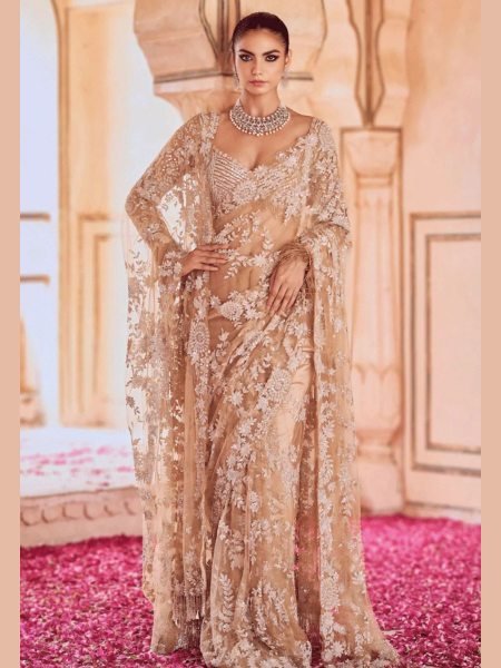 Innovative Bollywood Golden Net Saree with Embroidery Work for Special Occasions Sarees 