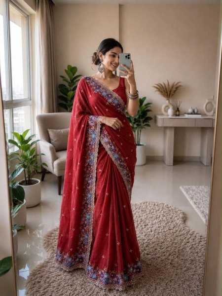 Innovative Dark Red Women's Soft Crush Silk Saree with Multicolor Embroidery Design 