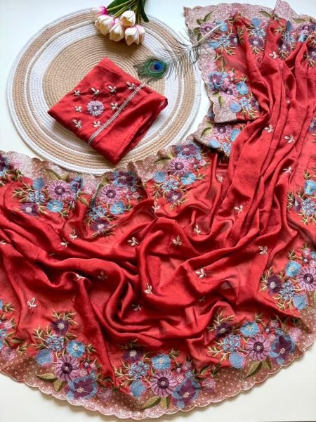 Innovative Dark Red Women's Soft Crush Silk Saree with Multicolor Embroidery Design Silk Sarees Wholesale