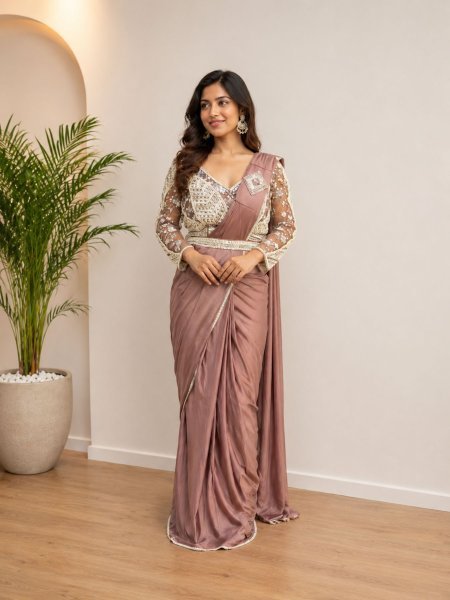 Innovative Dusty Mauve Ready to Wear Lycra Saree with Heavy Beads Work For Wedding Sarees 
