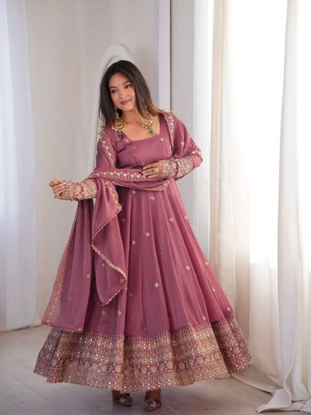 Innovative Dusty Pink Rangoli Crush Silk Anarkali Gown Set with Embroidered Dupatta Ready To Wear Suit