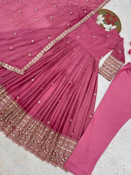 Innovative Dusty Pink Rangoli Crush Silk Anarkali Gown Set with Embroidered Dupatta Ready To Wear Collection
