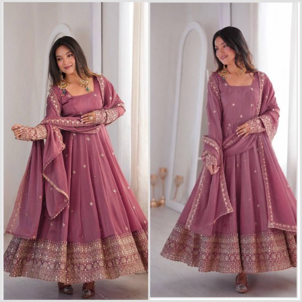 Innovative Dusty Pink Rangoli Crush Silk Anarkali Gown Set with Embroidered Dupatta Ready To Wear Collection