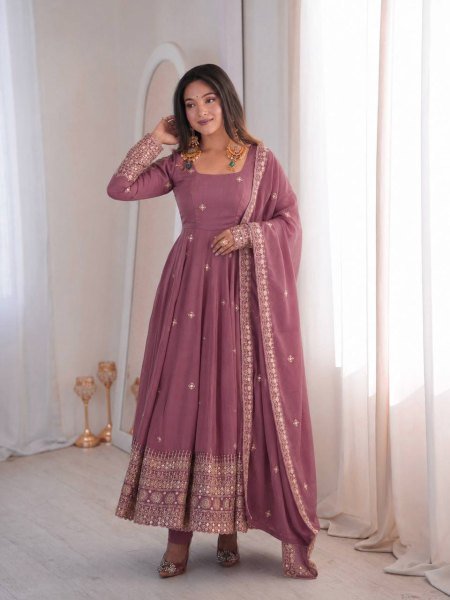 Innovative Dusty Pink Rangoli Crush Silk Anarkali Gown Set with Embroidered Dupatta Ready To Wear Collection