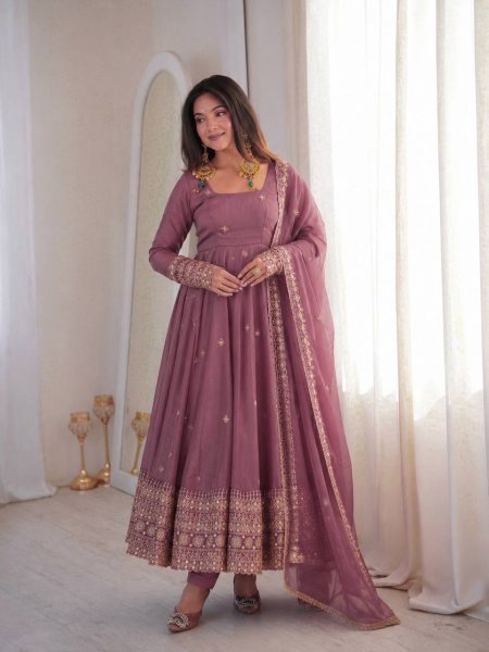 Innovative Dusty Pink Rangoli Crush Silk Anarkali Gown Set with Embroidered Dupatta Ready To Wear Collection