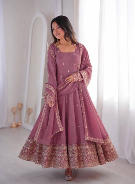 Innovative Dusty Pink Rangoli Crush Silk Anarkali Gown Set with Embroidered Dupatta Ready To Wear Collection