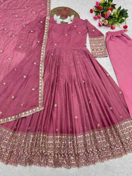Innovative Dusty Pink Rangoli Crush Silk Anarkali Gown Set with Embroidered Dupatta Ready To Wear Collection