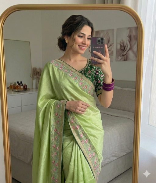 Innovative Green Designer Saree Pink Floral Embroidery Border Silk Sarees Wholesale