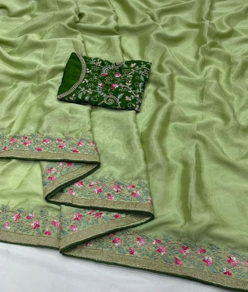 Innovative Green Designer Saree Pink Floral Embroidery Border Silk Sarees Wholesale
