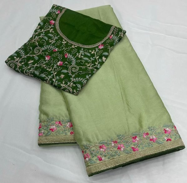 Innovative Green Designer Saree Pink Floral Embroidery Border Silk Sarees Wholesale