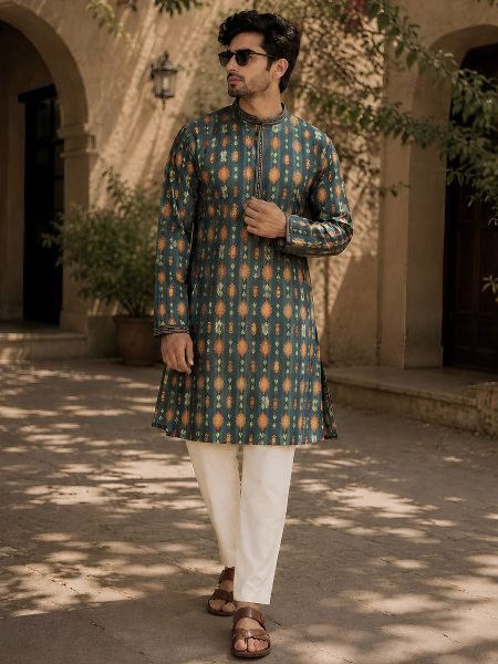 Innovative Green Designer Silk Jacquard Kurta with Raymond Cotton Pyjama 