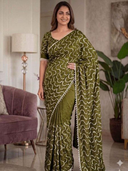 Innovative Green Designer Soft Silk Saree with Intricate Wave Pattern Embroidery Sarees 