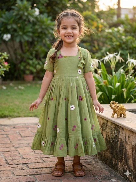 Innovative Green Kids Cotton Embroidered Gown for Summer Wear Kurtis