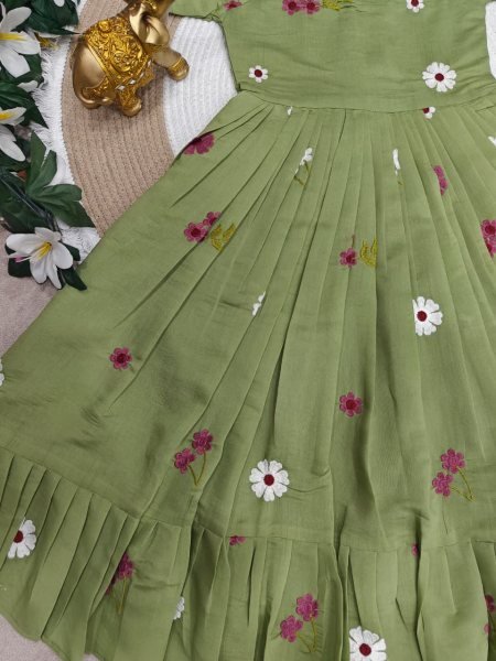 Innovative Green Kids Cotton Embroidered Gown for Summer Wear Girls Wear