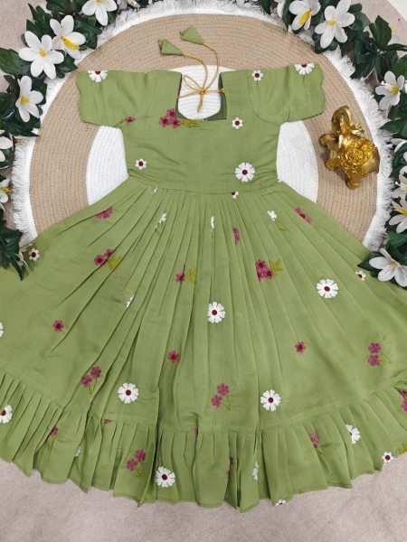 Innovative Green Kids Cotton Embroidered Gown for Summer Wear Girls Wear