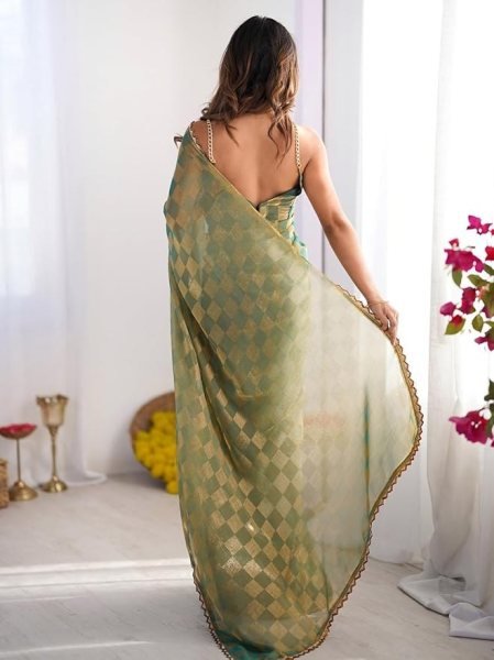 Innovative Green Premium Party Wear Saree for Wedding and Reception Wear Pure Chiffon Sarees Wholesale