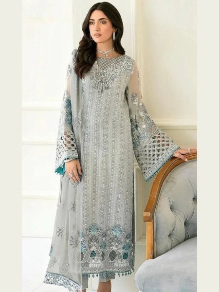 Innovative Grey Fox Georgette Salwar Suit with Heavy Sequin Embroidery and Hand Khatali Work Salwar Kameez