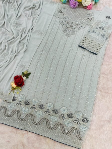 Innovative Grey Fox Georgette Salwar Suit with Heavy Sequin Embroidery and Hand Khatali Work Pakistani Suits Wholesale