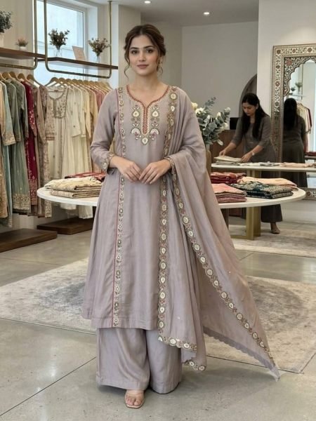 Innovative Grey Mul Chanderi Kurti with Sequin Embroidered Palazzo at Wholesale Rate 