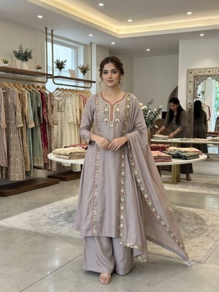 Innovative Grey Mul Chanderi Kurti with Sequin Embroidered Palazzo at Wholesale Rate Ready To Wear Collection