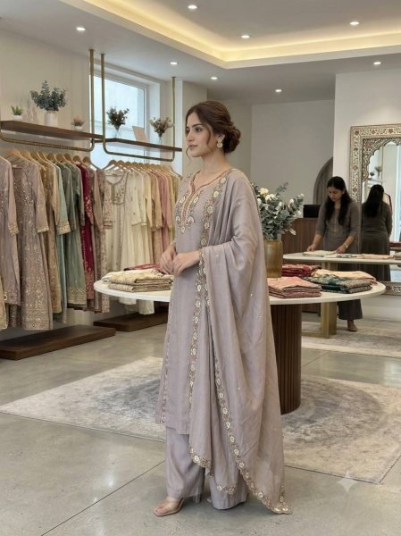 Innovative Grey Mul Chanderi Kurti with Sequin Embroidered Palazzo at Wholesale Rate Ready To Wear Collection